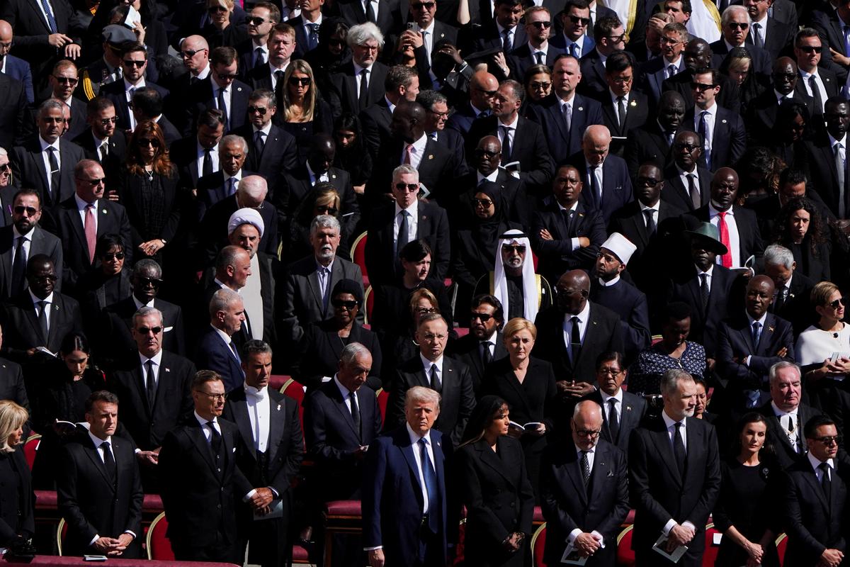 U.S President Donald Trump, French President Emmanuel Macron, Poland’s President Andrzej Duda, Finland’s President Alexander Stubb and Spain’s King Felipe attend the funeral Mass of Pope Francis in St. Peter’s Square at the Vatican on April 26, 2025.