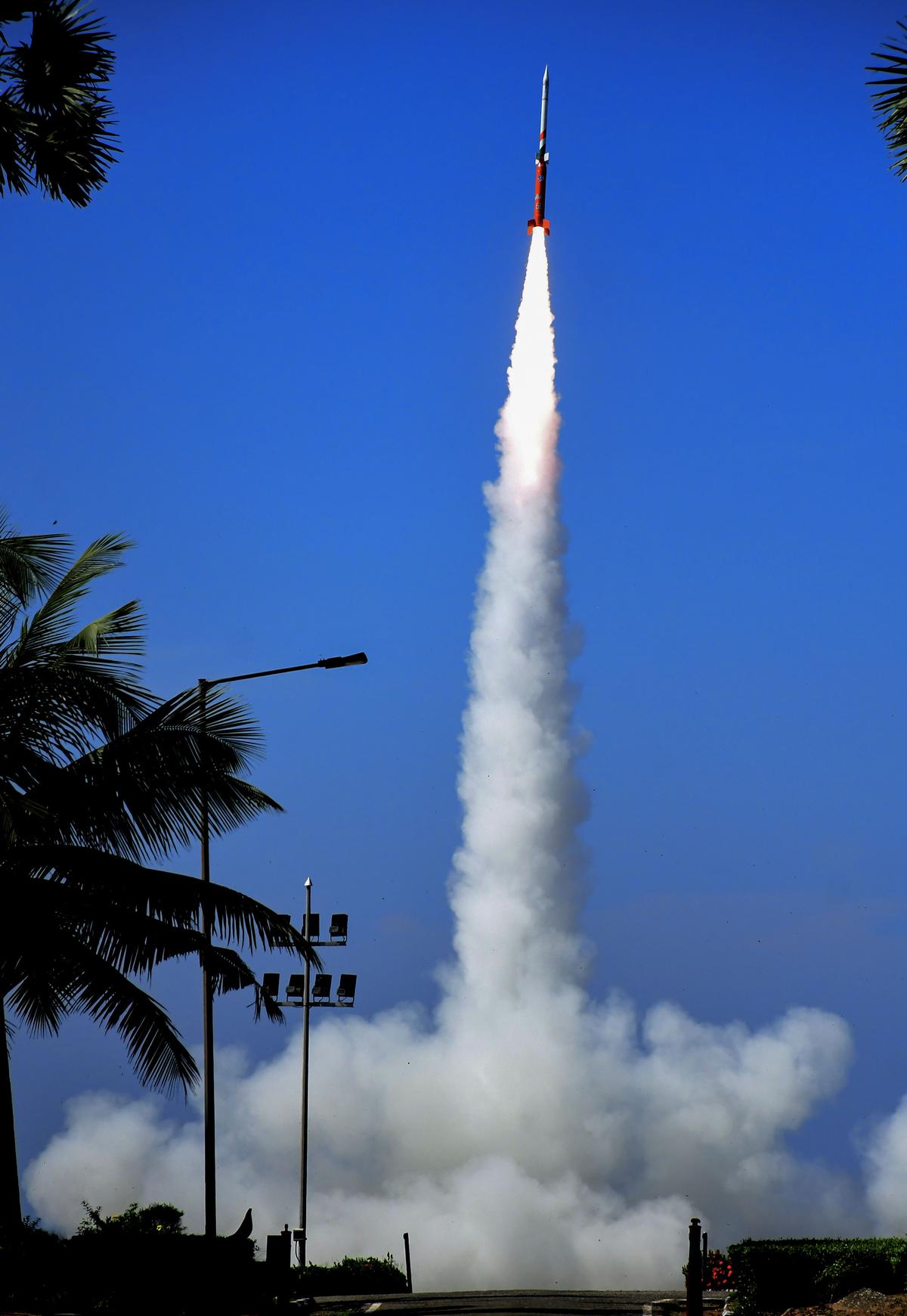 RH200 sounding rocket leaves a trail of smoke after its launch at Vikram Sarabhai Space Centre (VSSC), Thumba, during the 60th anniversery celebration of the first sounding rocket launch at VSSC in Thiruvanathapuram on November 25, 2023.