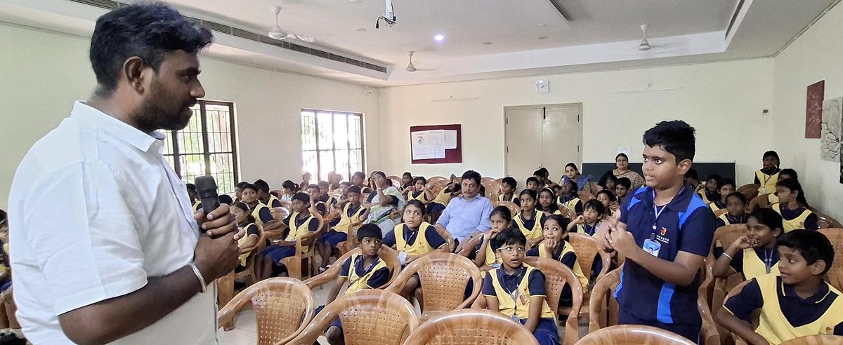 Students participate in a road safety awareness session organised by Vikaasa World School, Madurai. Students participate in a road safety awareness session organised by Vikaasa World School, Madurai.