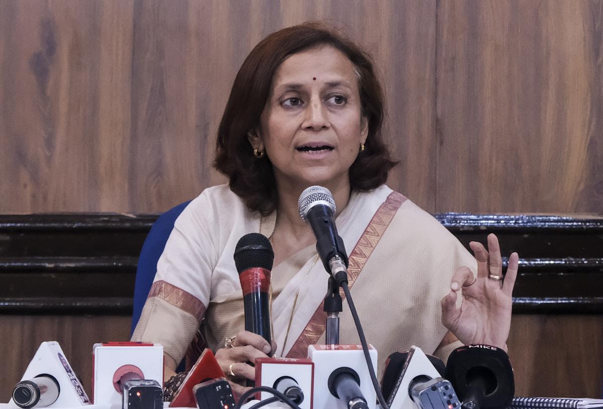 Gitanjali Angmo, wife of climate activist Sonam Wangchuk, speaking in New Delhi, Tuesday, Sept. 30, 2025. 