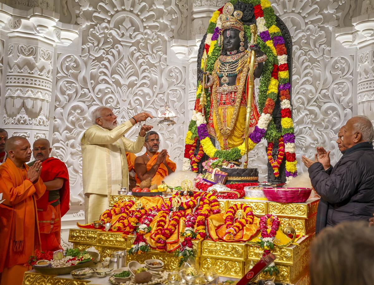 Prime Minister Narendra Modi and RSS chief Mohan Bhagwat offer prayers before the idol of Ram Lalla during the ‘Pran Pratishtha’ ceremony at the Ram Mandir in Ayodhya on January 22, 2024