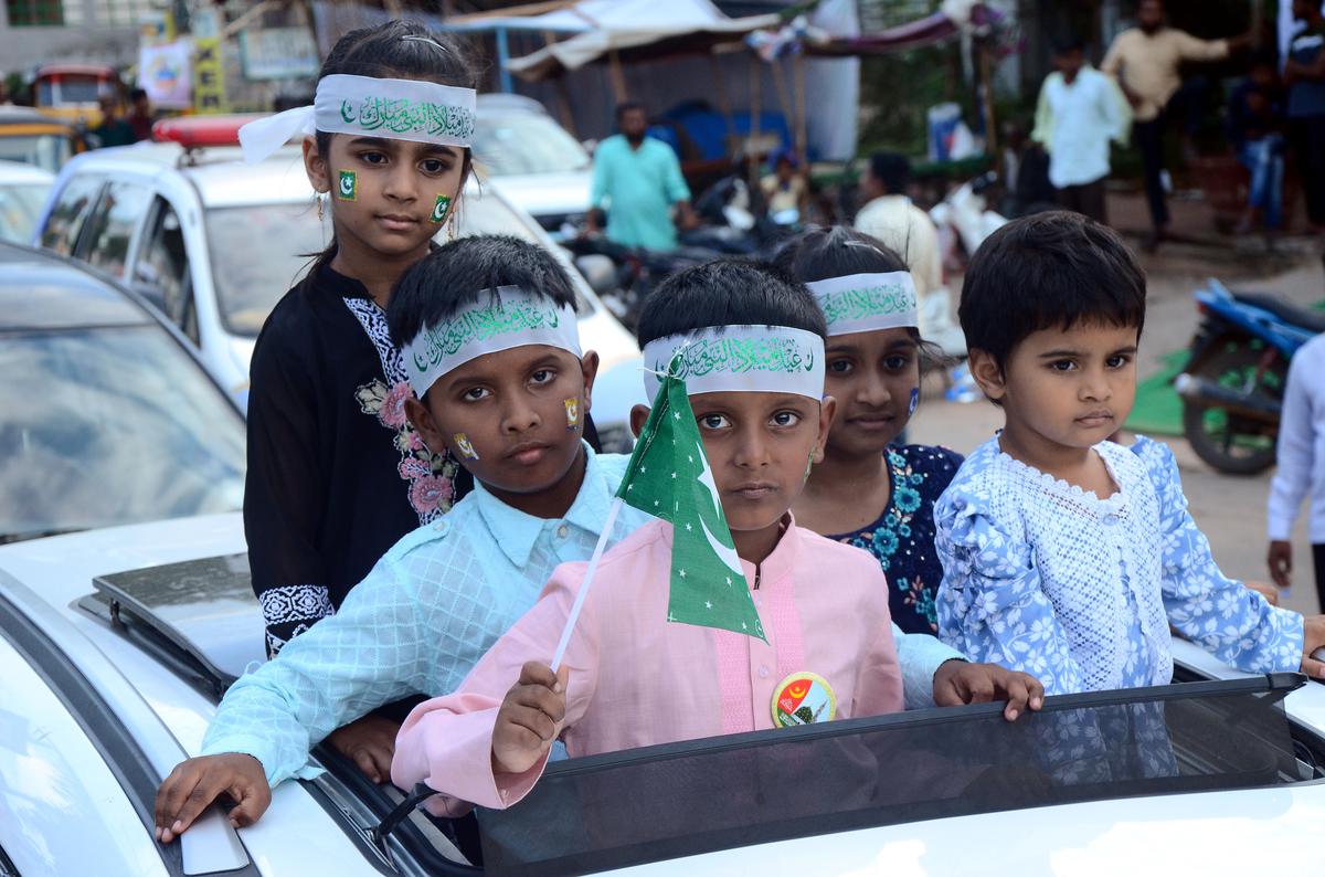 Children taking part in Eid-e-Milad-un-Nabi celebrations, in Sangareddy, on Sunday. 
