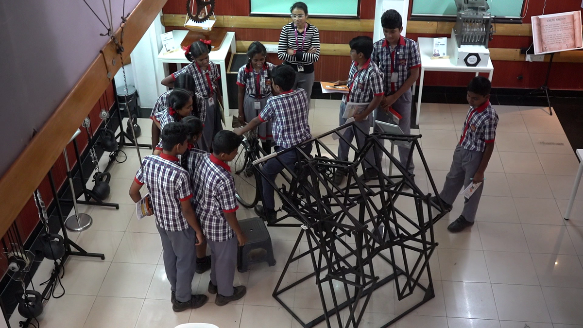 Schoolchildren interacting at the kinetic gallery at the Param Science Experience Centre, Jayanagar, Bengaluru.