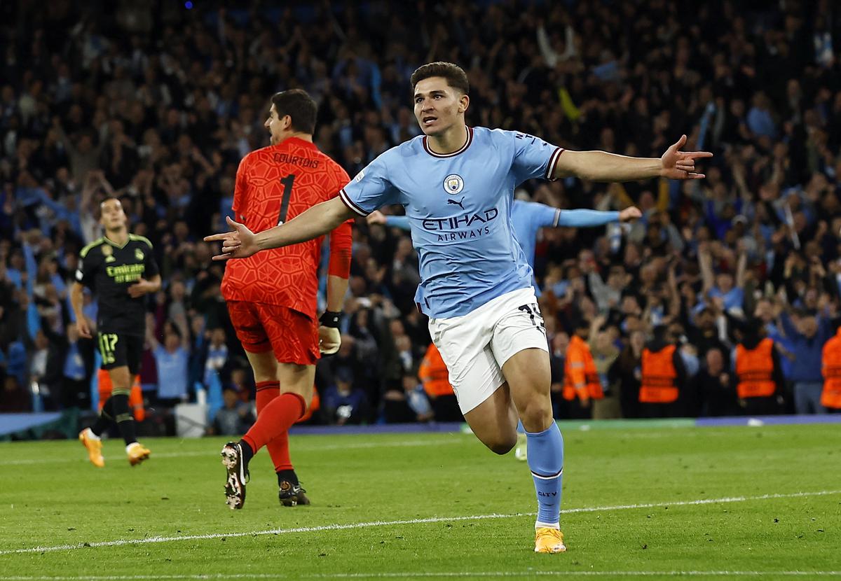 Julian Alvarez of Manchester City celebrates scoring his fourth goal.