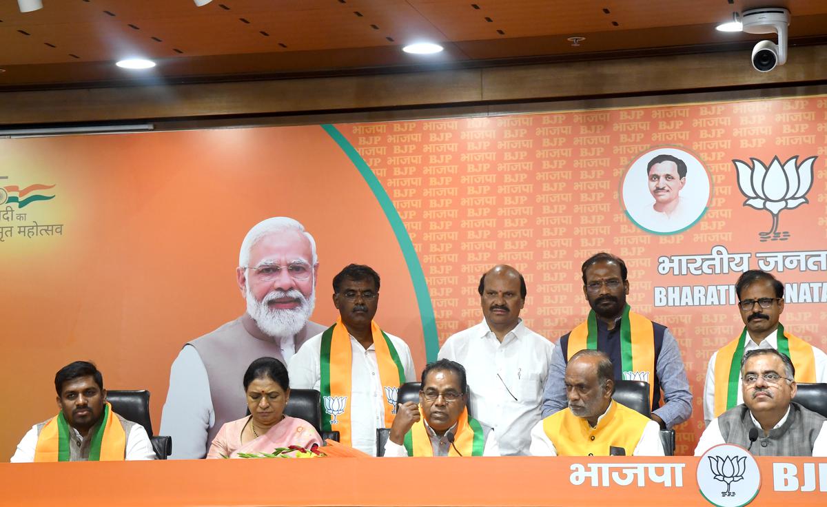 BRS MP P. Ramulu addressing the media after joining the BJP in New Delhi on Thursday. 