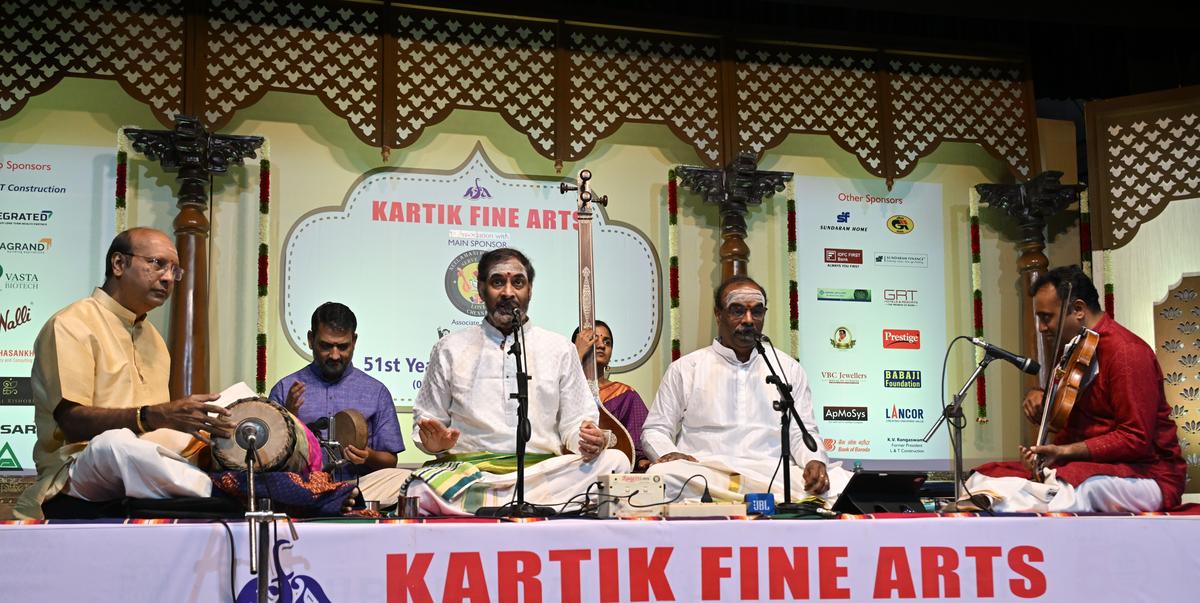 Malladi Brothers with H.N. Bhaskar on the violin, Neyveli Narayanan on the mridangam and T.V. Gopalakrishnan on the kanjira.