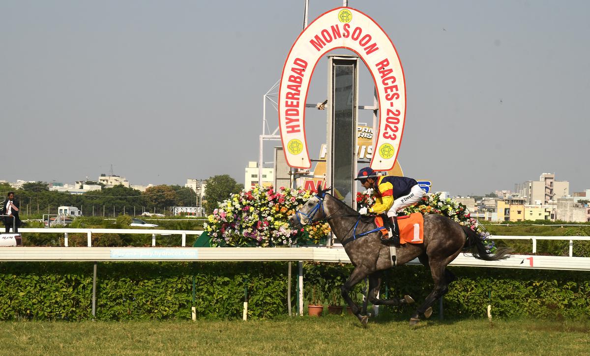 Jockey P. Trevor rides DYF past the finish line in the HRC The Golconda St. Leger in Hyderabad on Sunday, October 22, 2023. 