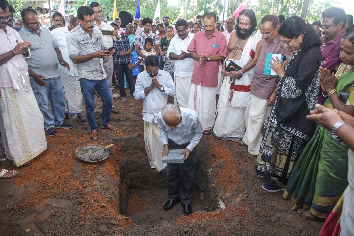 Former Chief Secretary K. Jayakumar laying the foundation stone for the Joseph Nicéphore Niépce Memorial at Vathikulam, near Mavelikara, in June 2025.