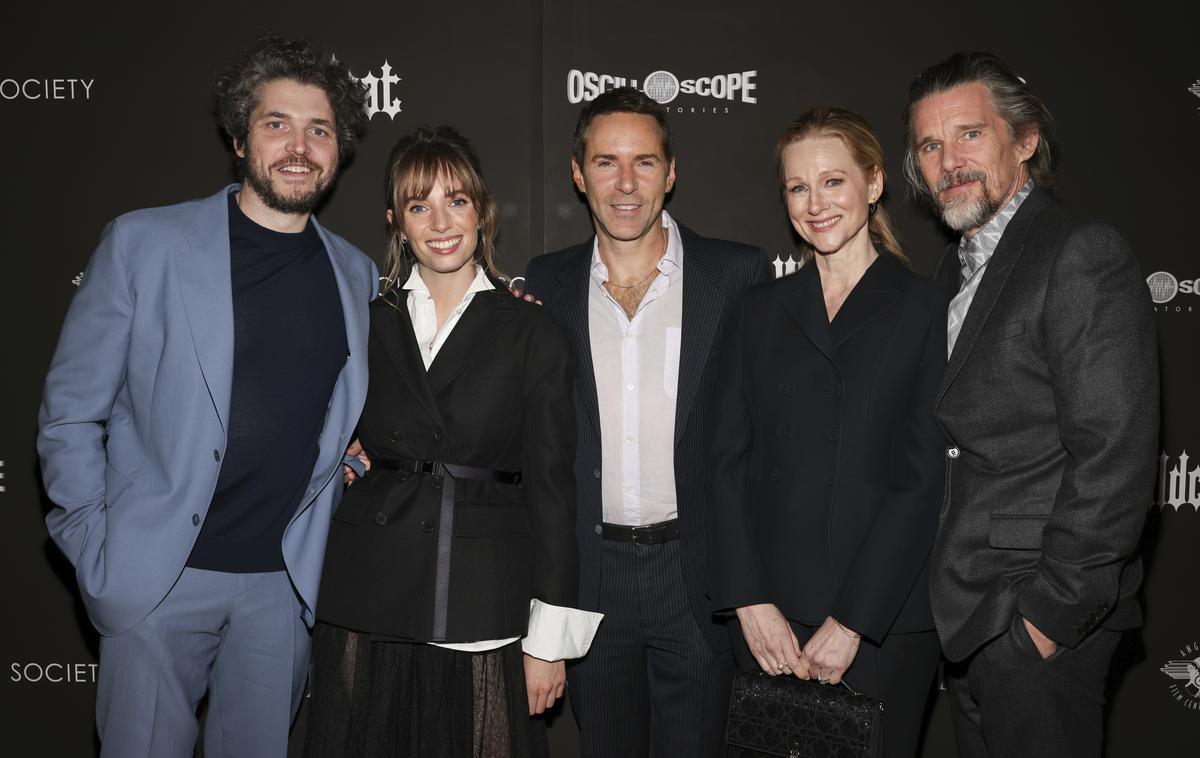 Philip Ettinger, from left, Maya Hawke, Alessandro Nivola, Laura Linney, and Ethan Hawke attend the premiere of ‘Wildcat’