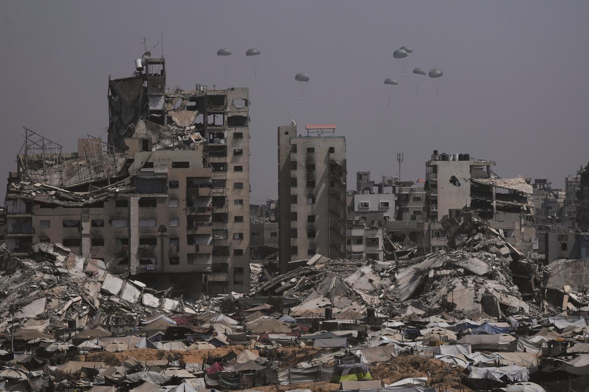 Humanitarian aid is airdropped to Palestinians over Gaza City, Gaza Strip, Monday, July 28, 2025. Humanitarian aid is airdropped to Palestinians over Gaza City, Gaza Strip, Monday, July 28, 2025.