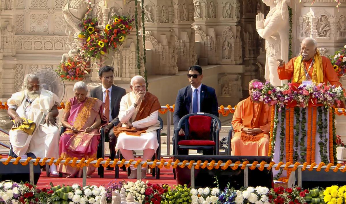 In this screenshot from a video posted on Nov. 25, 2025, Prime Minister Narendra Modi with Uttar Pradesh Governor Anandiben Patel and Chief Minister Yogi Adityanath looks on as RSS chief Mohan Bhagwat speaks during the ‘Dhwajarohan’ ceremony at the Ram Temple, in Ayodhya, Uttar Pradesh. Photo: @NarendraModi/YT via PTI Photo