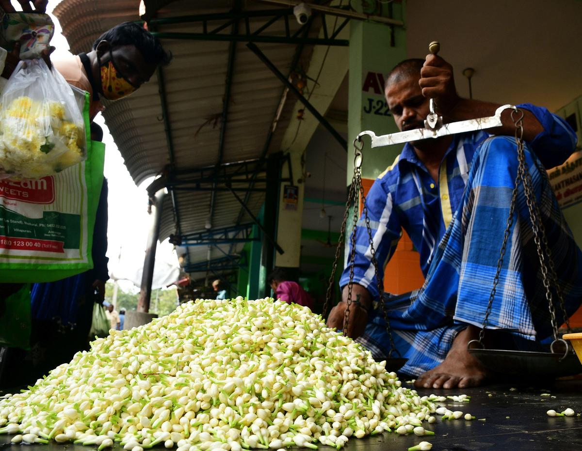 Madurai Malli on sale at the Mattuthavani flower market in Madurai Madurai Malli on sale at the Mattuthavani flower market in Madurai