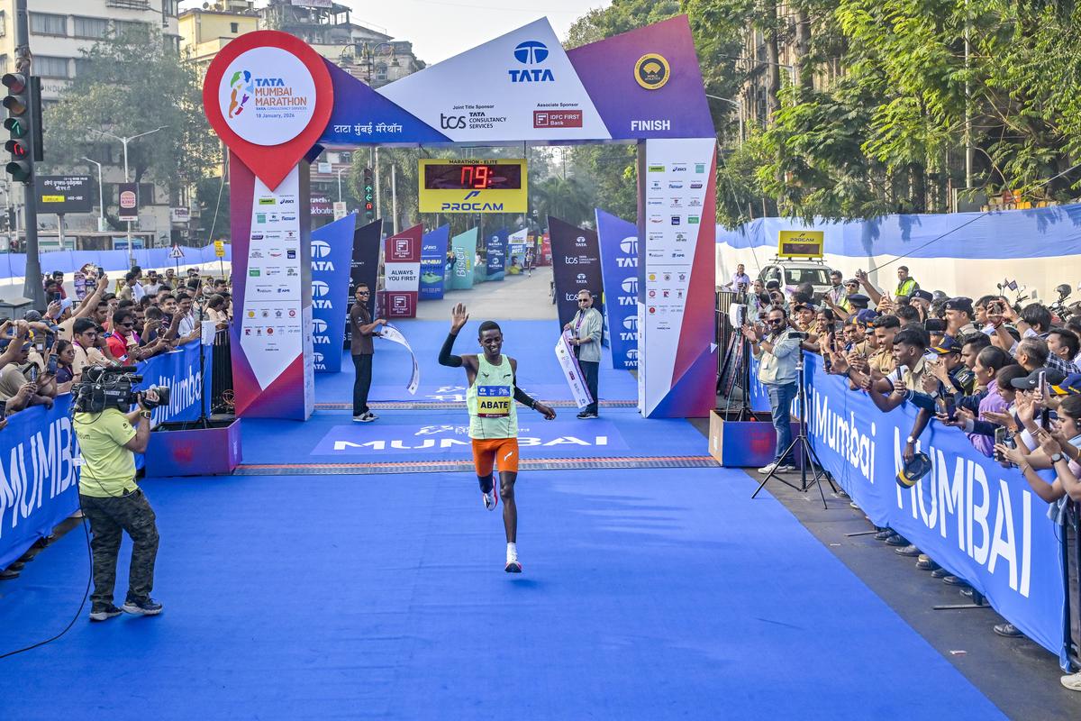 Tadu Abate Deme crosses the finish Line as he wins Elite men’s category in the Tata Mumbai Marathon 2026 at the Chhatrapati Shivaji Terminus on Sunday, January 18, 2026 