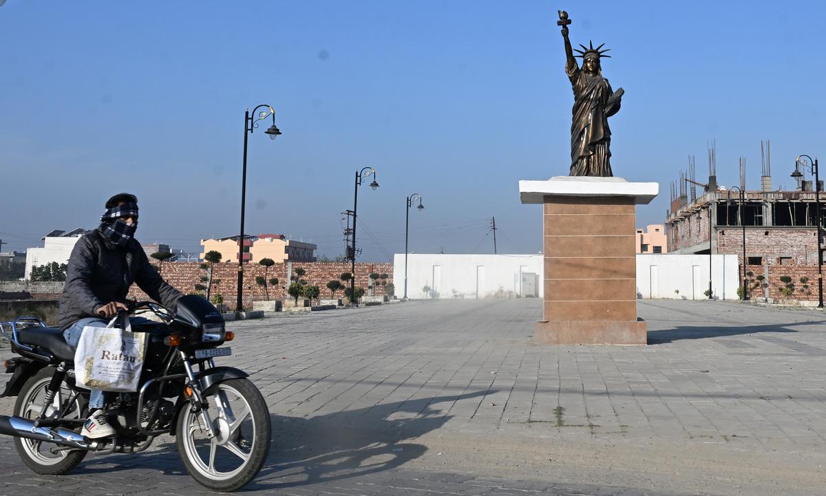 A replica of the Statue of Liberty in Amritsar, symbolising aspirations in Punjab to work in the U.S.