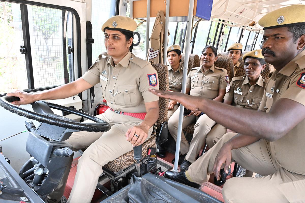 FOR COIMBATORE, 15/10/2024:
 (for Metroplus story):
A section of women cops of Coimbatore City Police have been appointed in heavy vehicle driving duty for the first time in Tamil Nadu.
PHOTO: Siva Saravanan S / The Hindu.