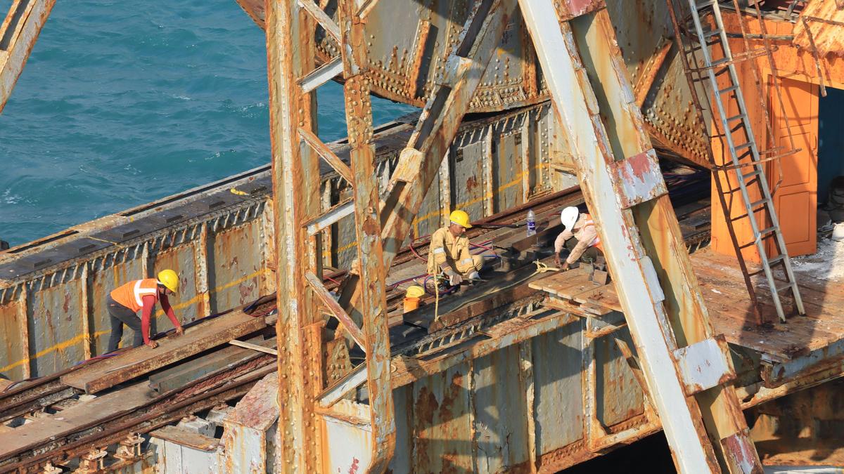 Ground work for removing Scherzer span of Pamban old rail bridge begins