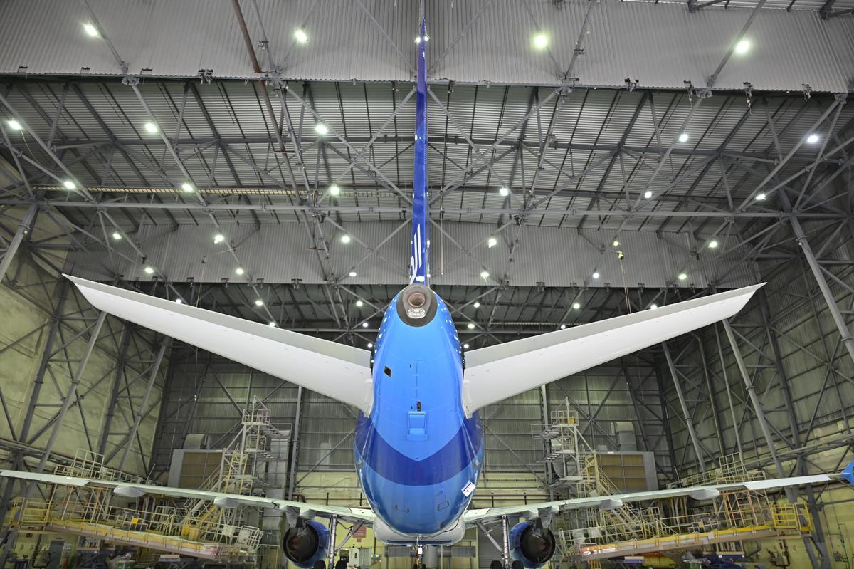 A Jazeera Airways Airbus A320-200 aircraft sits in one of the nine hangars at GMR Maintenance, Repair and Overhaul (MRO) facility at Hyderabad’s Rajiv Gandhi International Airport.
