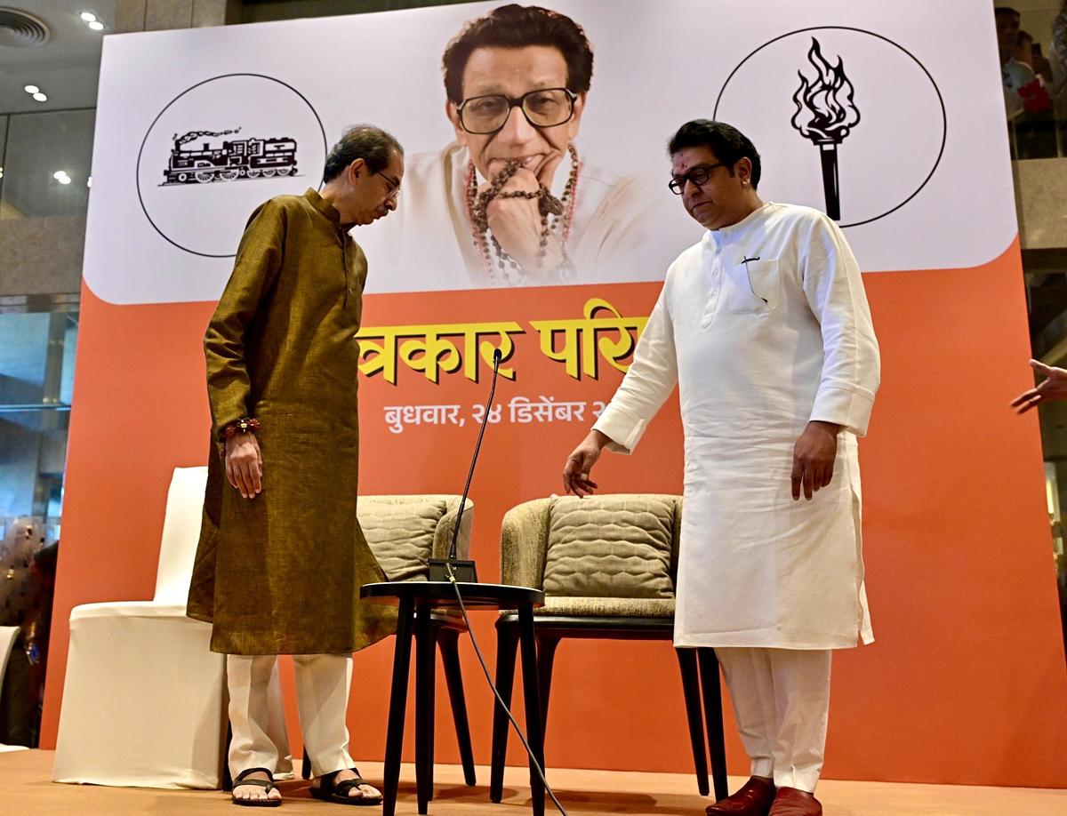 Cousins Uddhav Thackeray, Shiv Sena (UBT) chief, and Raj Thackeray, Maharashtra Navnirman Sena chief, during a press conference in Mumbai, after announcing their alliance for the upcoming municipal corporation elections.
