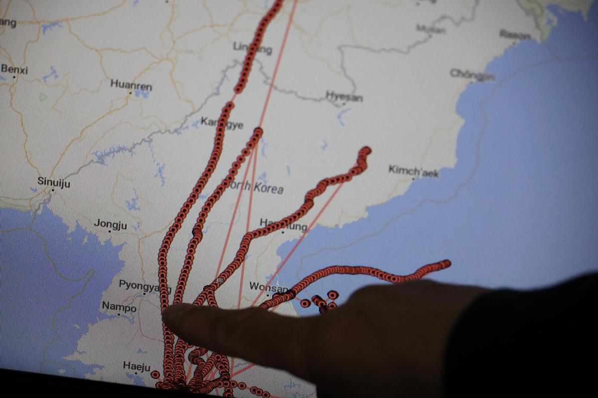 A monitor shows the GPS tracking of balloons built by a Seoul-based activist group that are designed to distribute anti-North Korean messages over North Korean territory in Seoul, South Korea, June 3, 2024.   REUTERS/Kim Hong-Ji