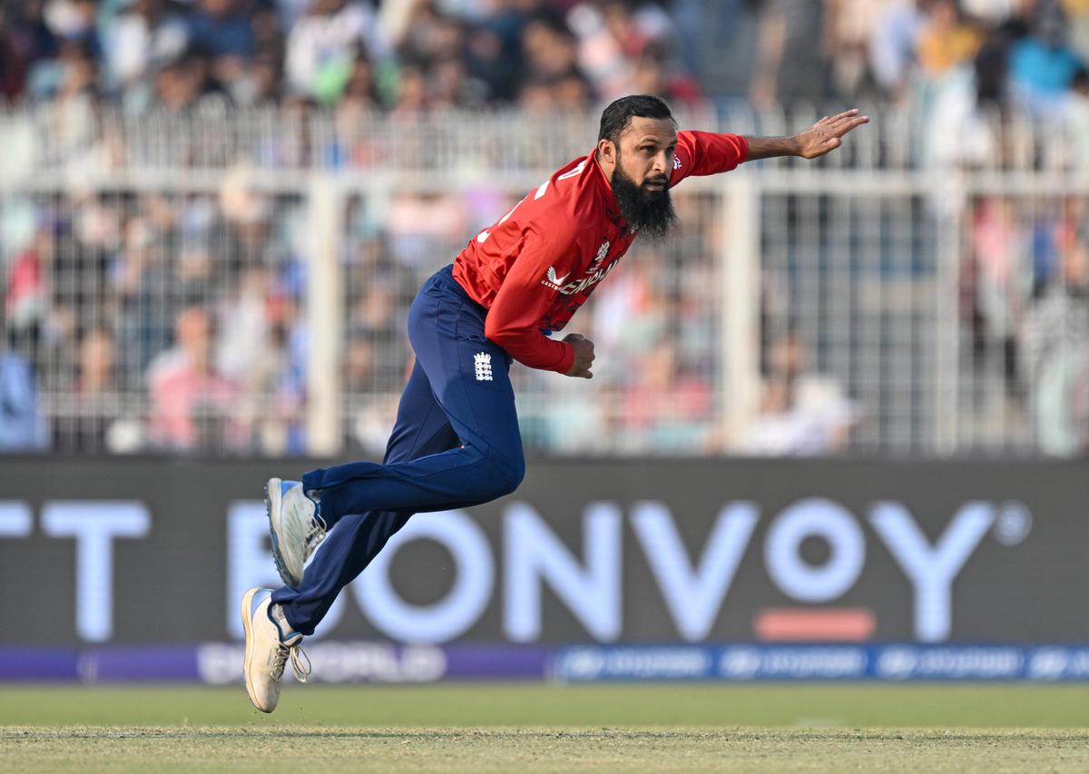 England's Adil Rashid during the ICC Men's T20 World Cup 2026 cricket match against Scotland, at the Eden Gardens, in Kolkata, Saturday, Feb. 14, 2026. 