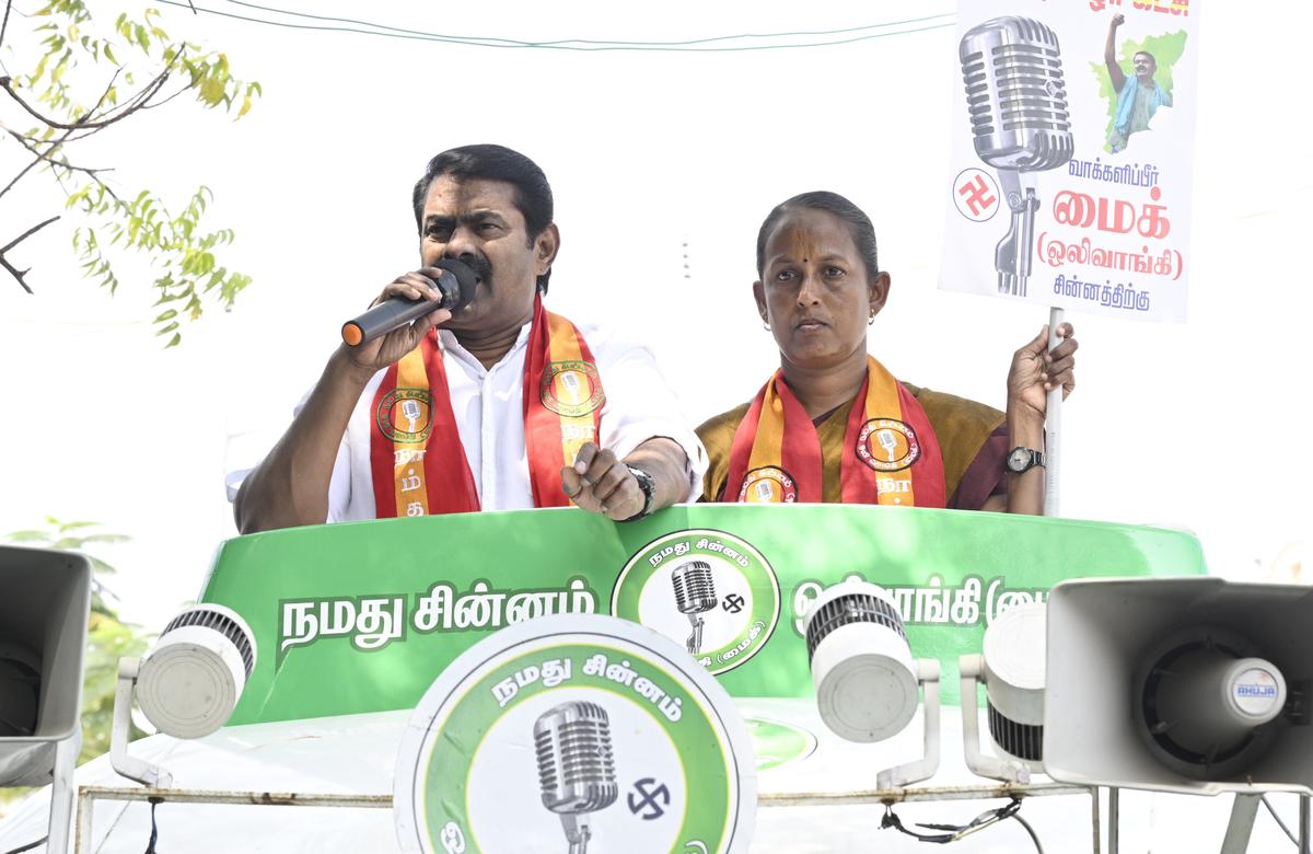 Naam Tamilar Katchi chief coordinator Seeman campaigning for party candidate M.K. Seethalakshmi in Erode on Monday.