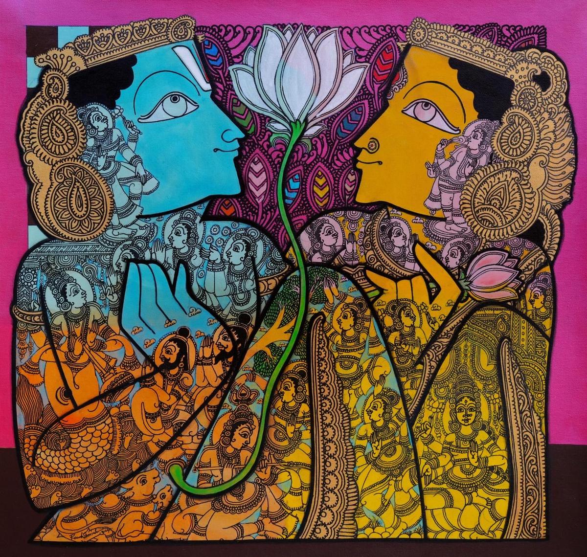 विष्णु और लक्ष्मी, रमेश गोरजाला की एक कलमकारी कृति