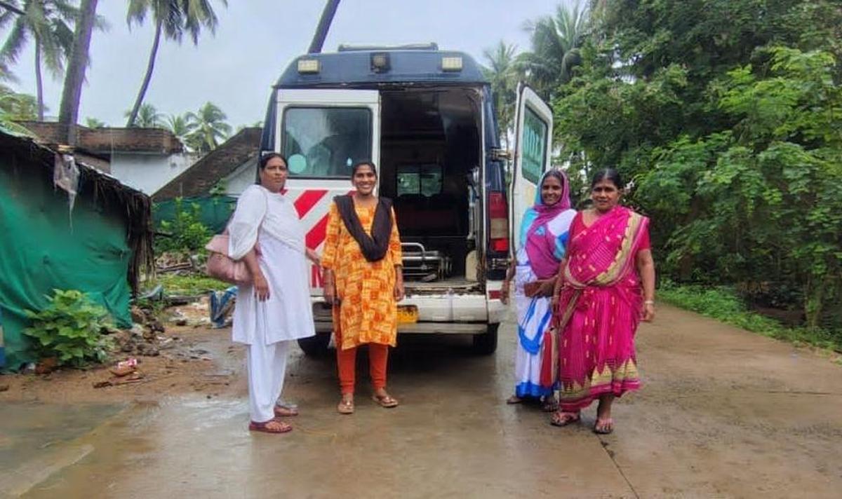 A pregnant woman is being shifted to nearby government hospital in Dr. B. R. Ambedkar Konaseema district on Monday. 