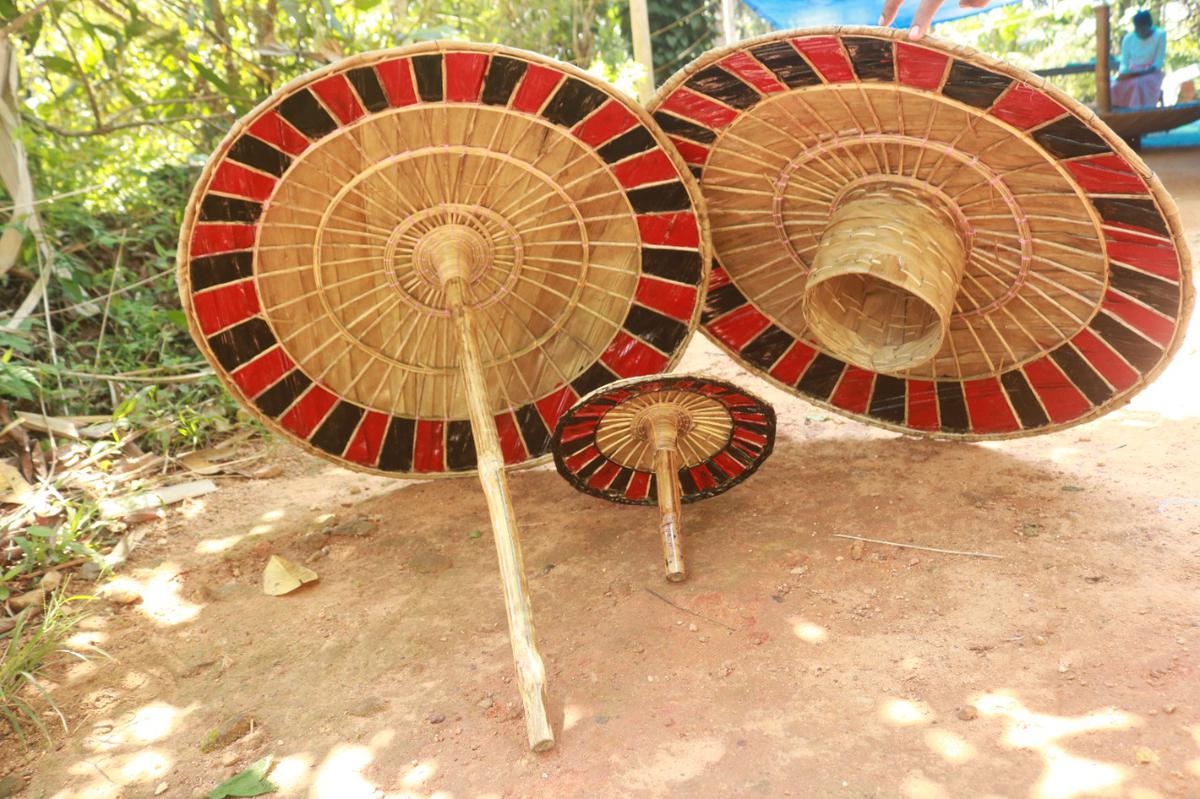 The umbrella is made using dried palm leaves, bamboo, and cane, and comes in various shapes, sizes, and designs.