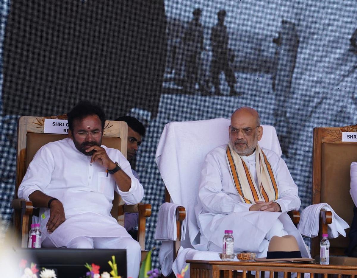Union Home Minister Amit Shah and BJP Telangana president G. Kishan Reddy participating in the Hyderabad Liberation Day celebrations on Sunday.