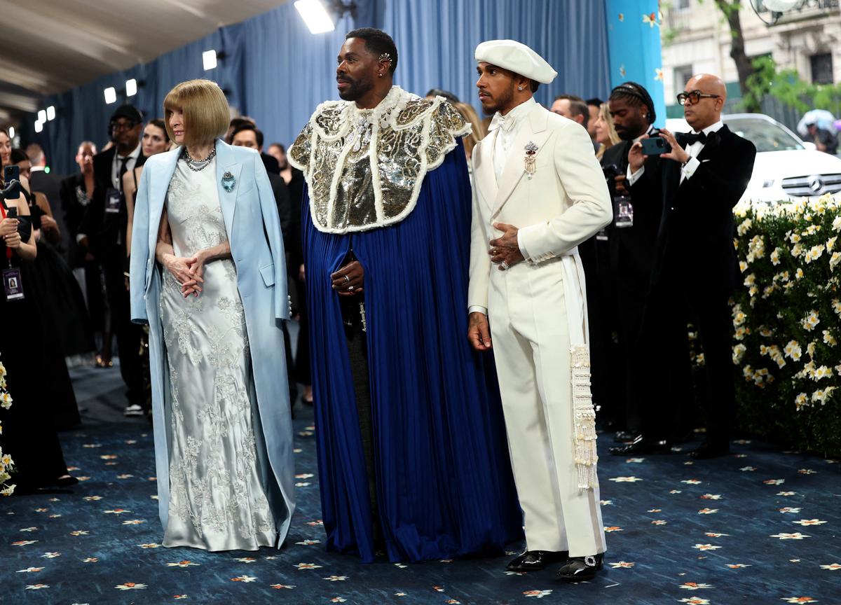 Met Gala Chair Anna Wintour, Met Gala Co-Chair Colman Domingo, and Met Gala Co-Chair Lewis Hamilton pose during the Met Gala, an annual fundraising gala held for the benefit of the Metropolitan Museum of Art’s Costume Institute with this year’s theme ‘Superfine: Tailoring Black Style,’ in New York City, New York, U.S., May 5, 2025.