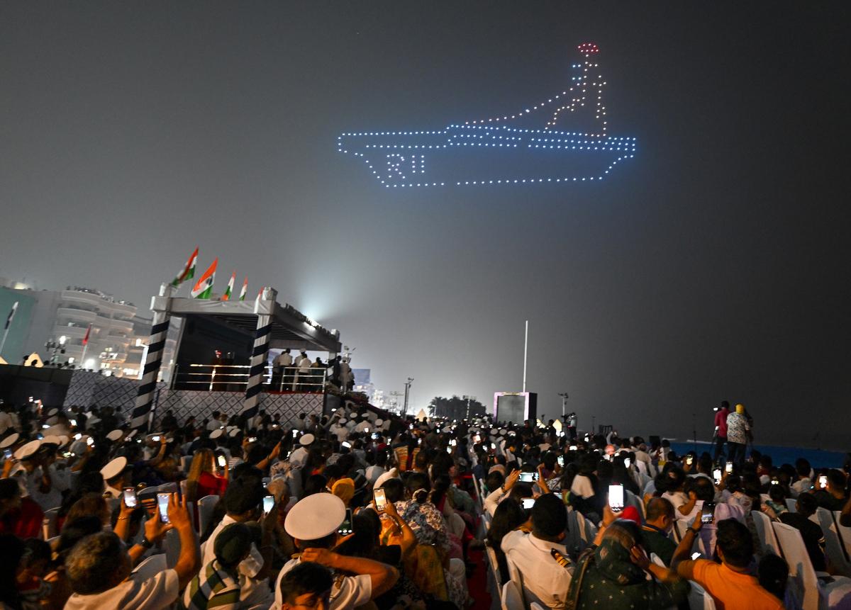 Drones making formations in the sky during the Eastern Naval Command’s operational demonstration in Visakhapatnam on Saturday.