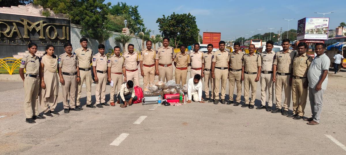Telangana Prohibition and Excise enforcement teams seized ganja being transported in a private bus, in Rangareddy on Tuesday Telangana Prohibition and Excise enforcement teams seized ganja being transported in a private bus, in Rangareddy on Tuesday