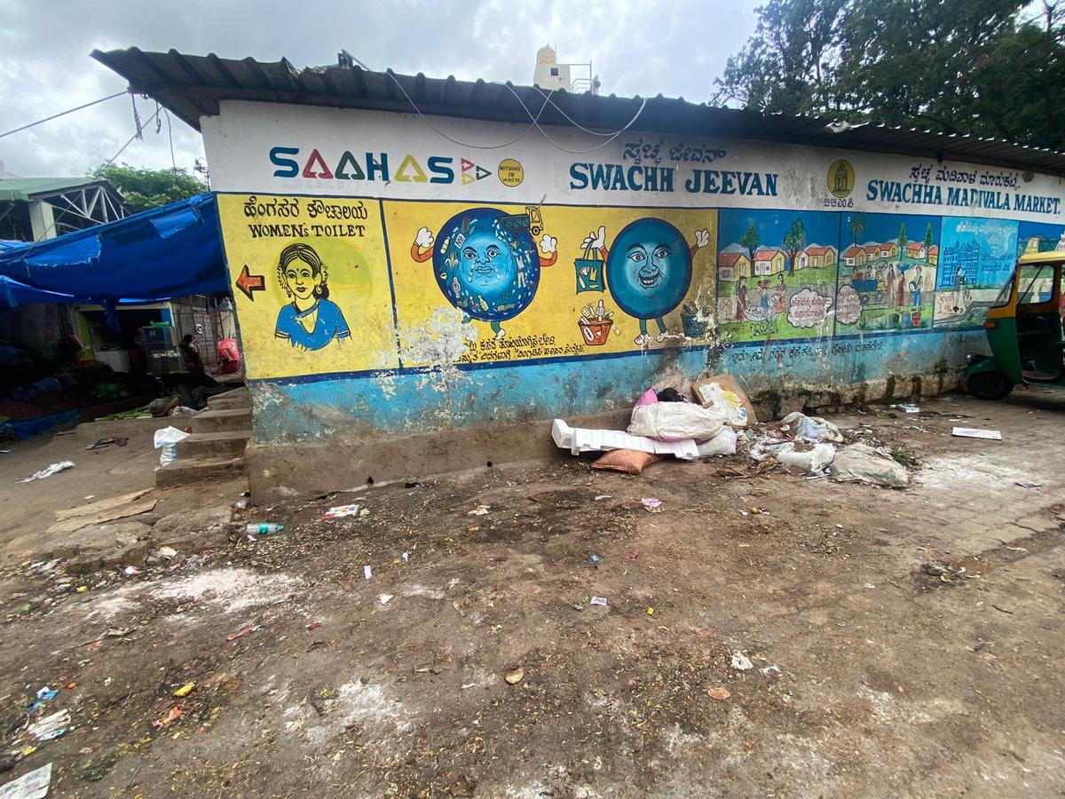 Unhygienic conditions near the washrooms at Madiwala market in Bengaluru.