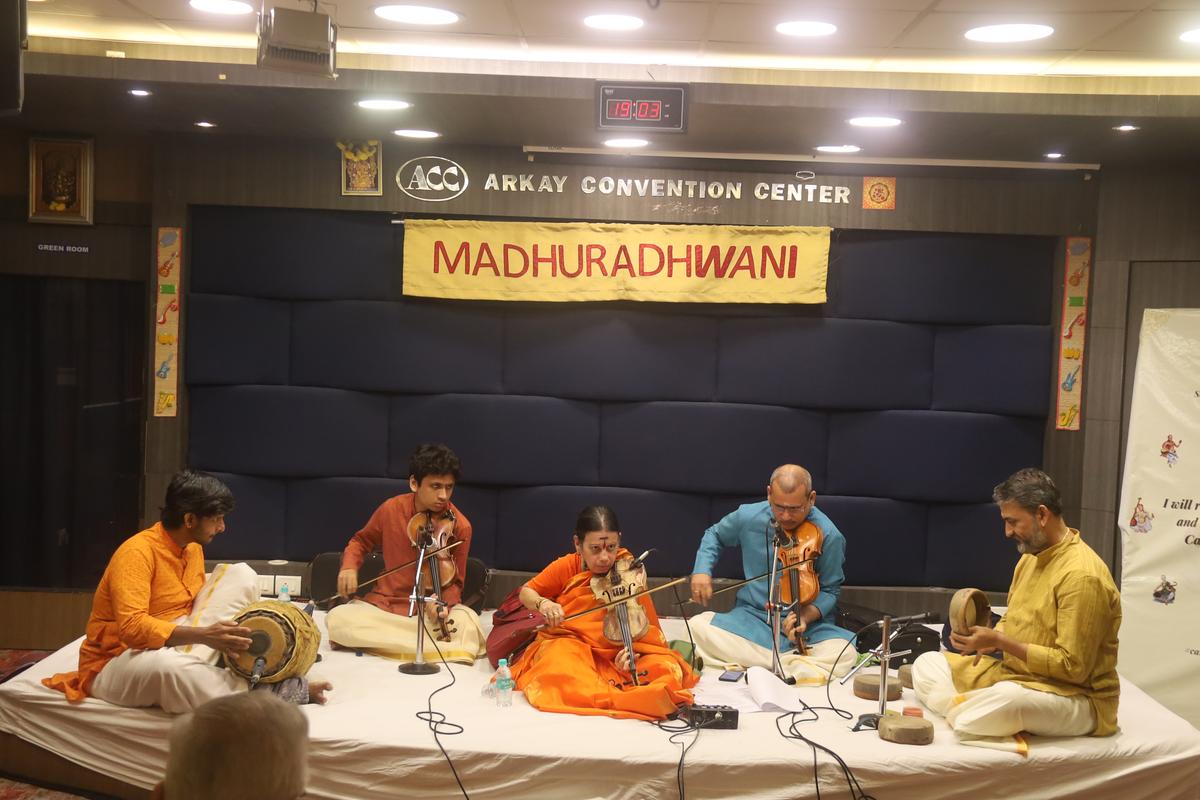Kanyakumari with her nephew and disciple, Srikanth Mallajosyula and his son, Sivateja Mallajosyula, N.C. Bharadwaj on the mridangam and K.V. Gopalakrishnan on the kanjira