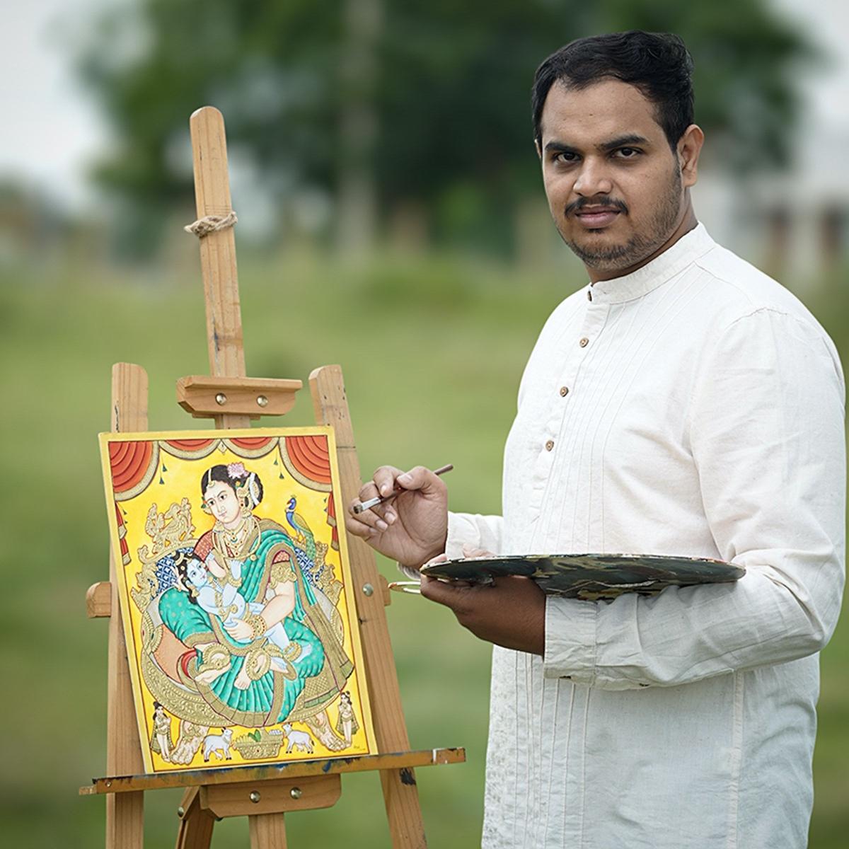 Shashank Bharadwaj working on a painting of Yashoda Krishna Shashank Bharadwaj working on a painting of Yashoda Krishna