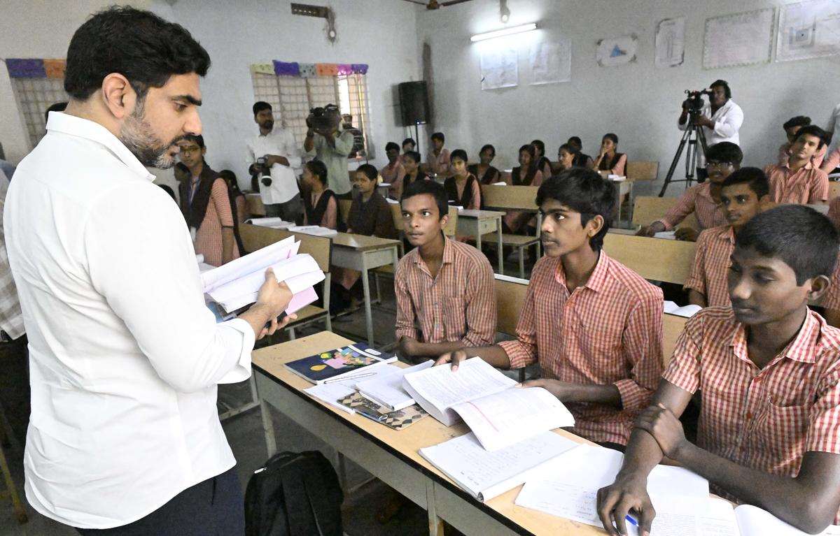 Andhra Pradesh HRD Minister N. Lokesh interacting with the students at the Government Junior College at Payakapuram in Vijayawada on January 4, 2025.