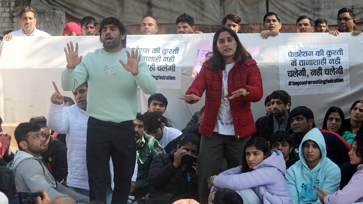 Wrestlers Bajrang Punia, Sakshi Malik and other wrestlers address the media regarding their protest against the Wrestling Federation of India (WFI), president Brij Bhushan Sharan Singh, at Jantar Mantar in New Delhi.