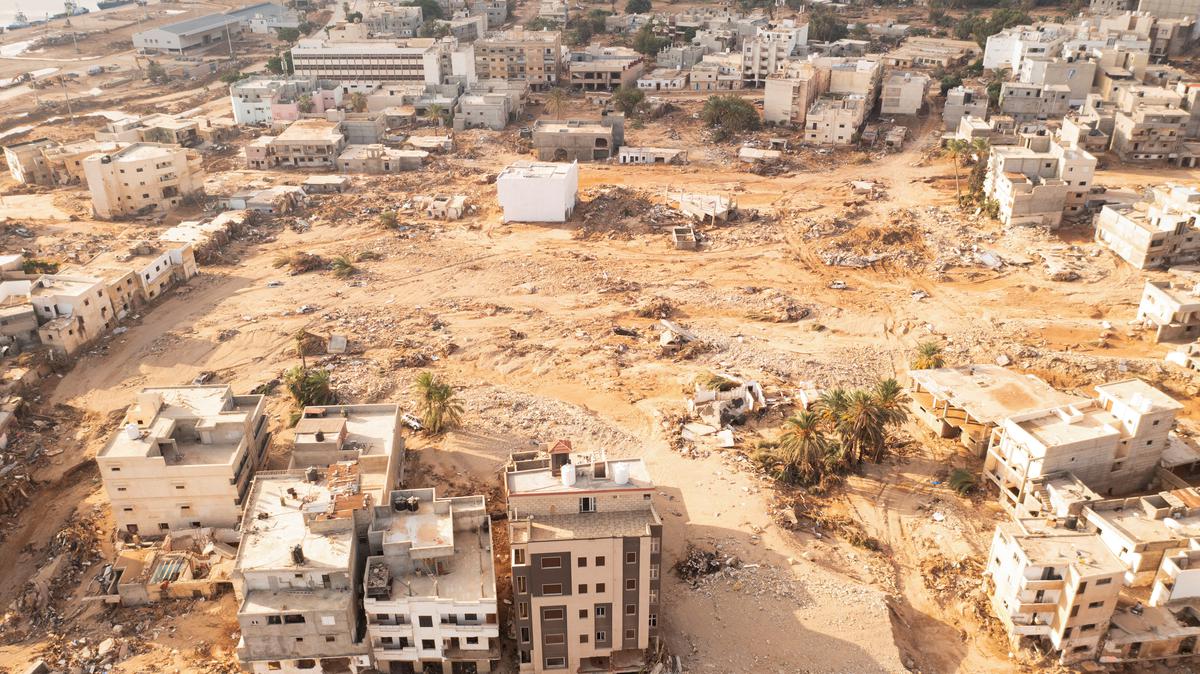 An aerial view shows the destruction, in the aftermath of the floods in Derna, Libya on September 16, 2023.