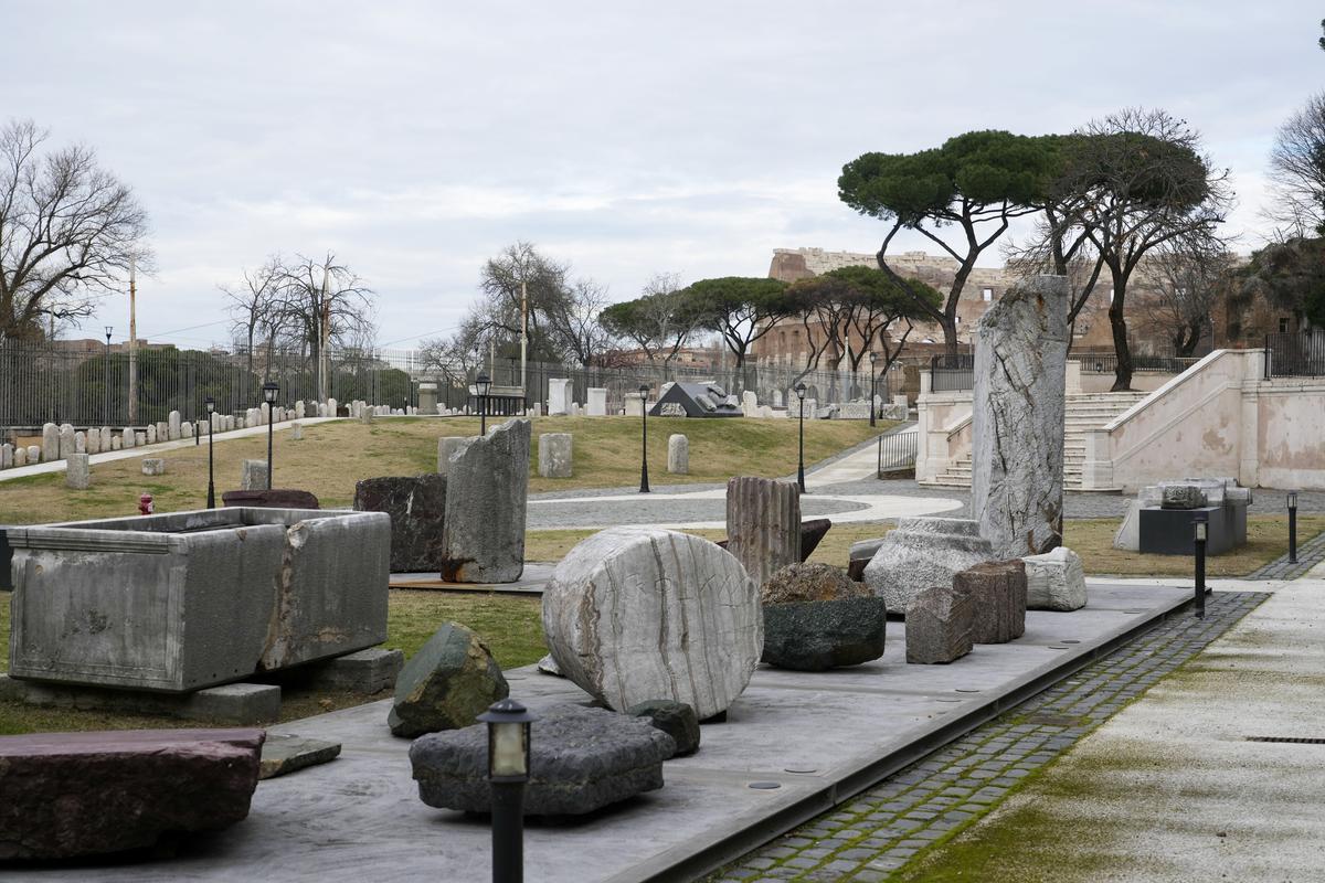 Archaeological findings of the Roman Empire are displayed in the Park of Mount Celio Museum overlooking the Colosseum in Rome.