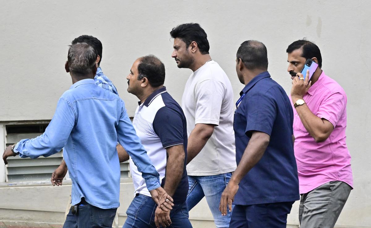 Actor Darshan Thoogudeepa being taken to a medical test after he was arrested in connection with a murder case in Bengaluru on June 11, 2024.