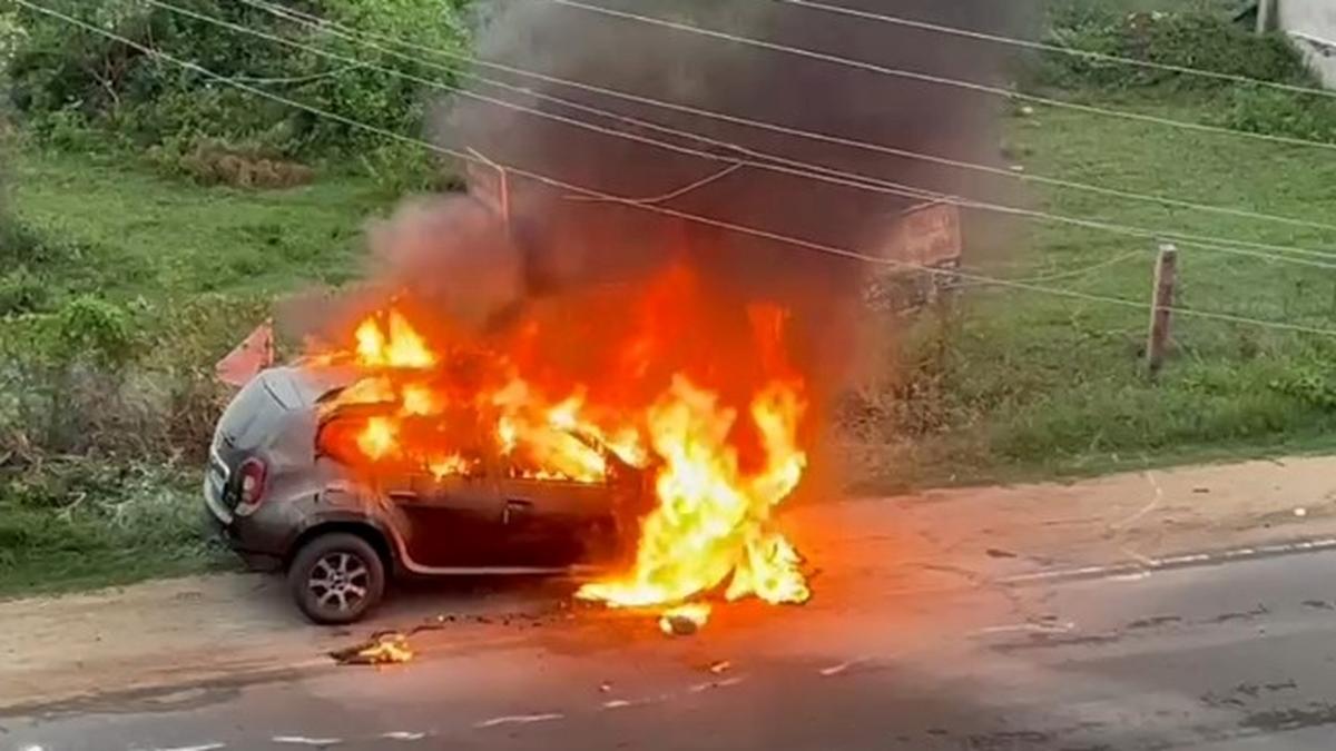 Three escape unhurt as moving car catches fire in Erode