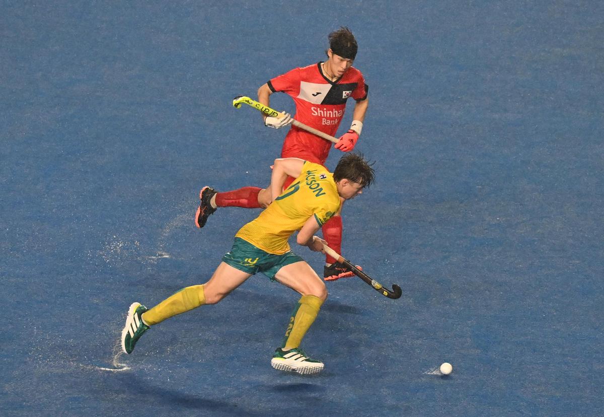 Duncan Jackson of Australia in action against Korea during the FIH junior men’s hockey World Cup at the Mayor Radhakrishnan Stadium, Chennai, on Tuesday, December 2, 2025. 