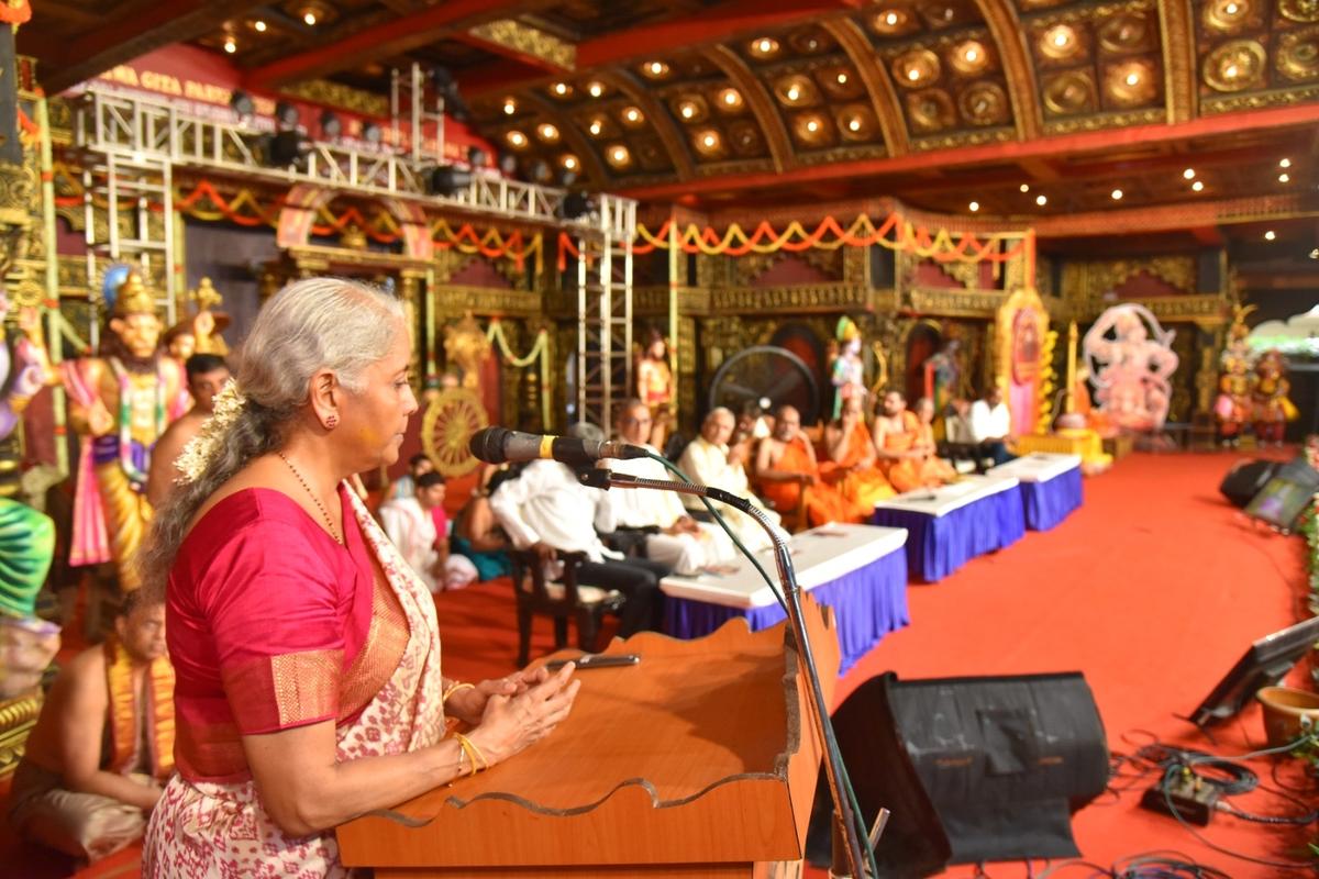 
Finance Minister Nirmala Sitharaman speaking at the inauguration of a newly constructed Yali at the Krishna Mutt in Udupi on Saturday.
