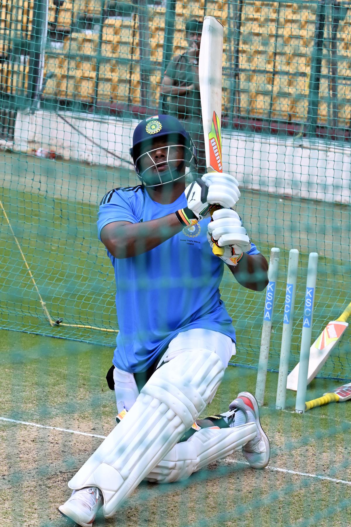 Sarfaraz Khan during a nets ahead of the Duleep Trophy opener at the M. Chinnaswamy Stadium, in Bengaluru on Wednesday, September 4, 2024. 