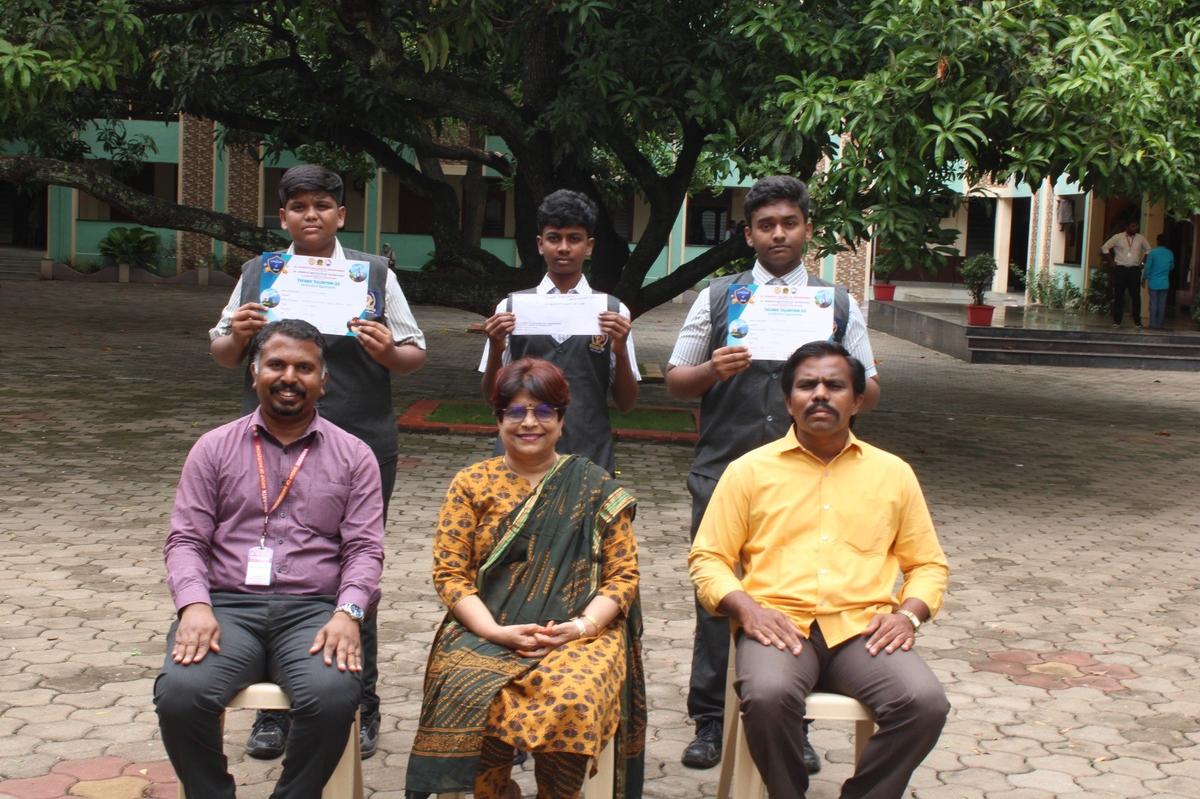 S. Barath Ram, KB Alzal Ahamed and T. Abishek from Bharath Vidya Mandir Senior Secondary School, Ilanji, who won a competition