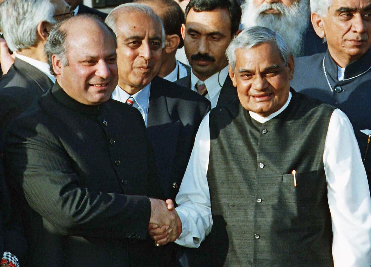 Then Pakistan Prime Minister Nawaz Sharif, left, receiving Indian Prime Minister Atal Bihari Vajpayee at the Wagah border, in 1999.