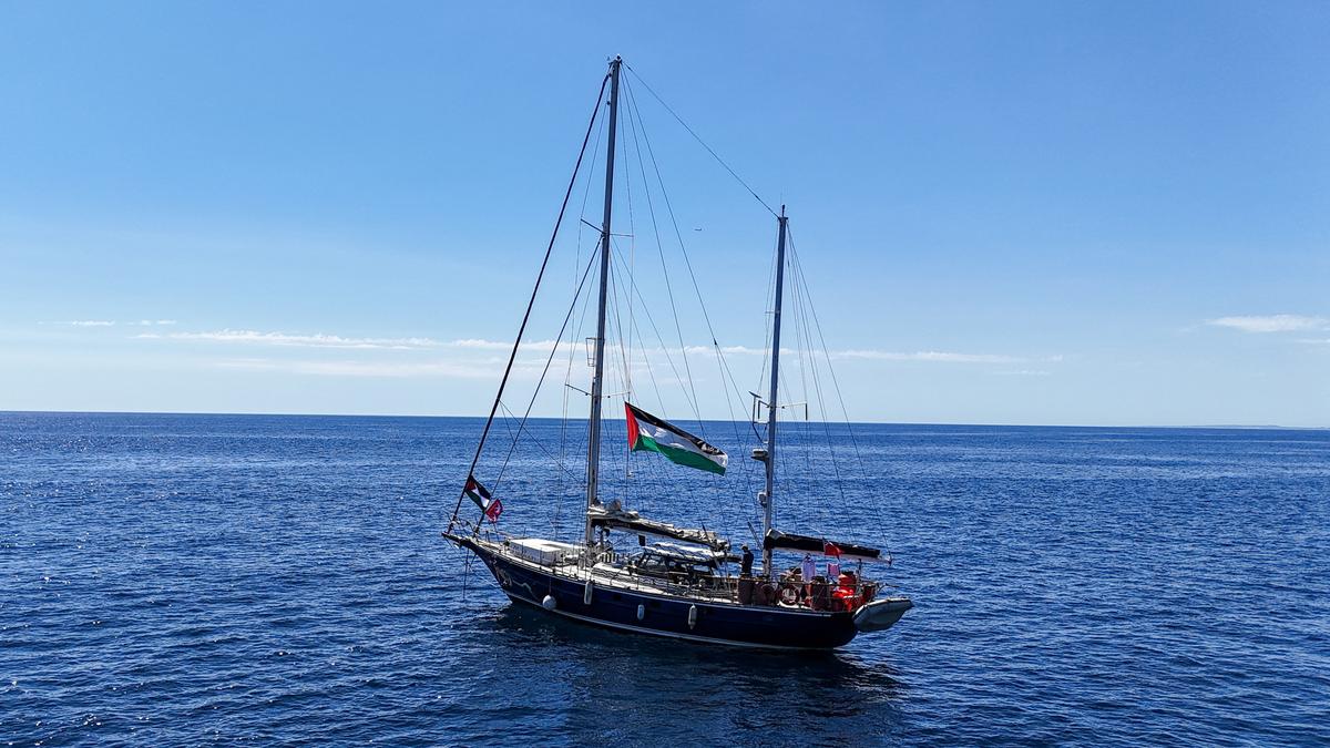 A drone view shows the Gaza-bound aid ship Madleen, organized by the international NGO Freedom Flotilla Coalition, anchored off the coast of Catania, Italy, on June 1, 2025. 