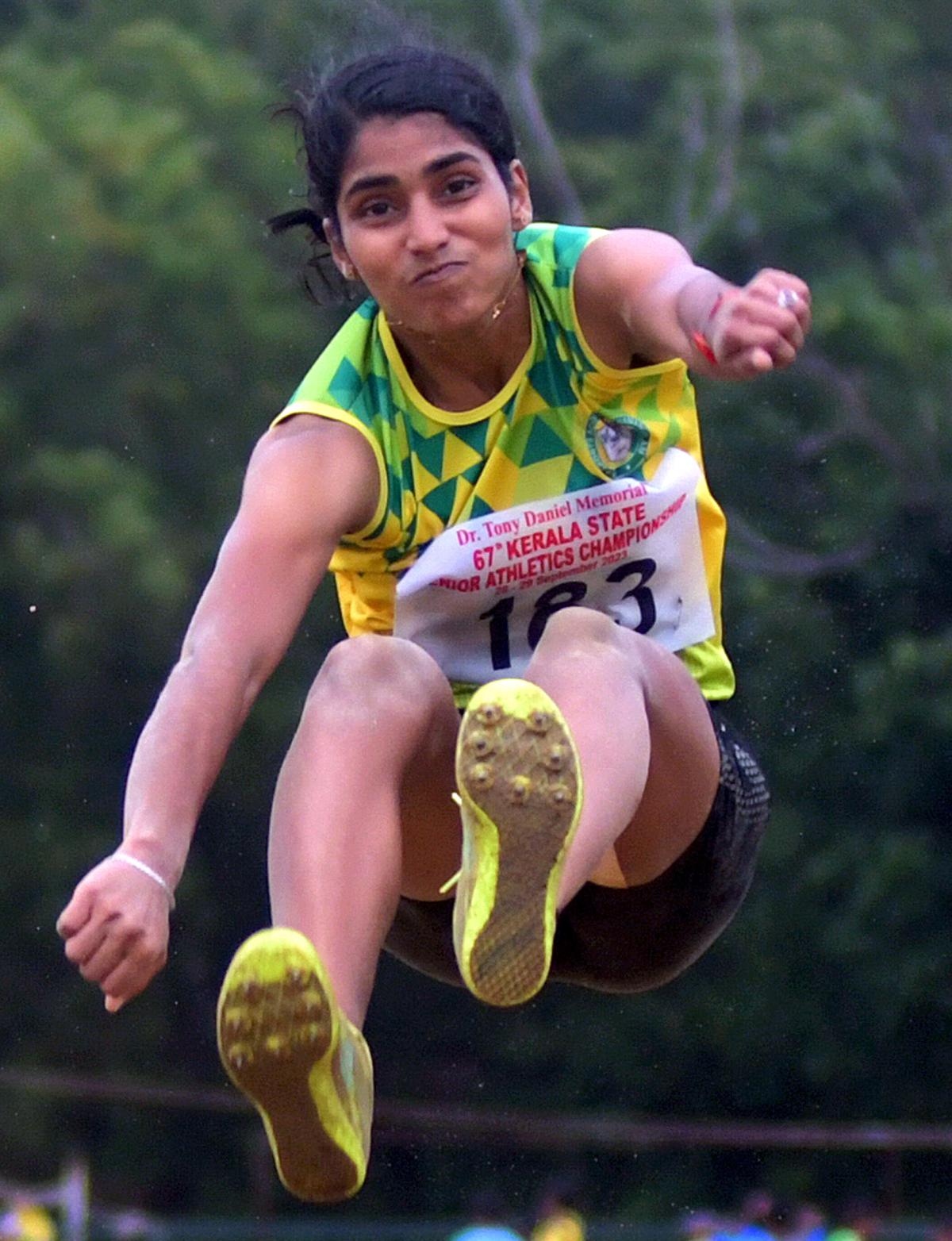 Ernakulam’s P.S. Prabhavathi who won the women’s long jump gold at the State senior athletics championships at Thenipalam.