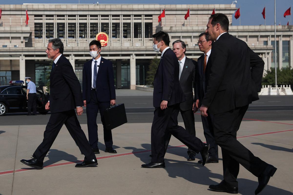 U.S. Secretary of State Antony Blinken walks after arriving in Bejing, China, on June 18, 2023. 