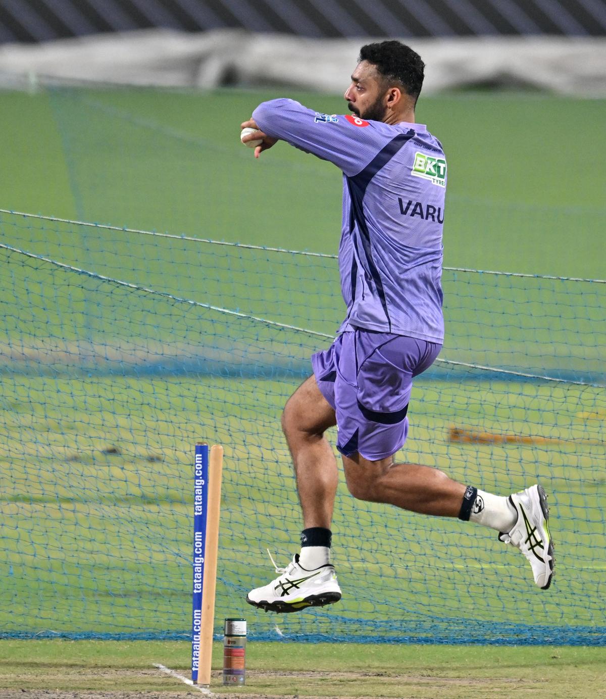 Kolkata Knight Riders’s Varun Chakaravarthy bowls during a practice session on the eve of the Indian Premier League (IPL) 2026 cricket match against Sunrisers Hyderabad, in Kolkata, Wednesday, April 1, 2026.